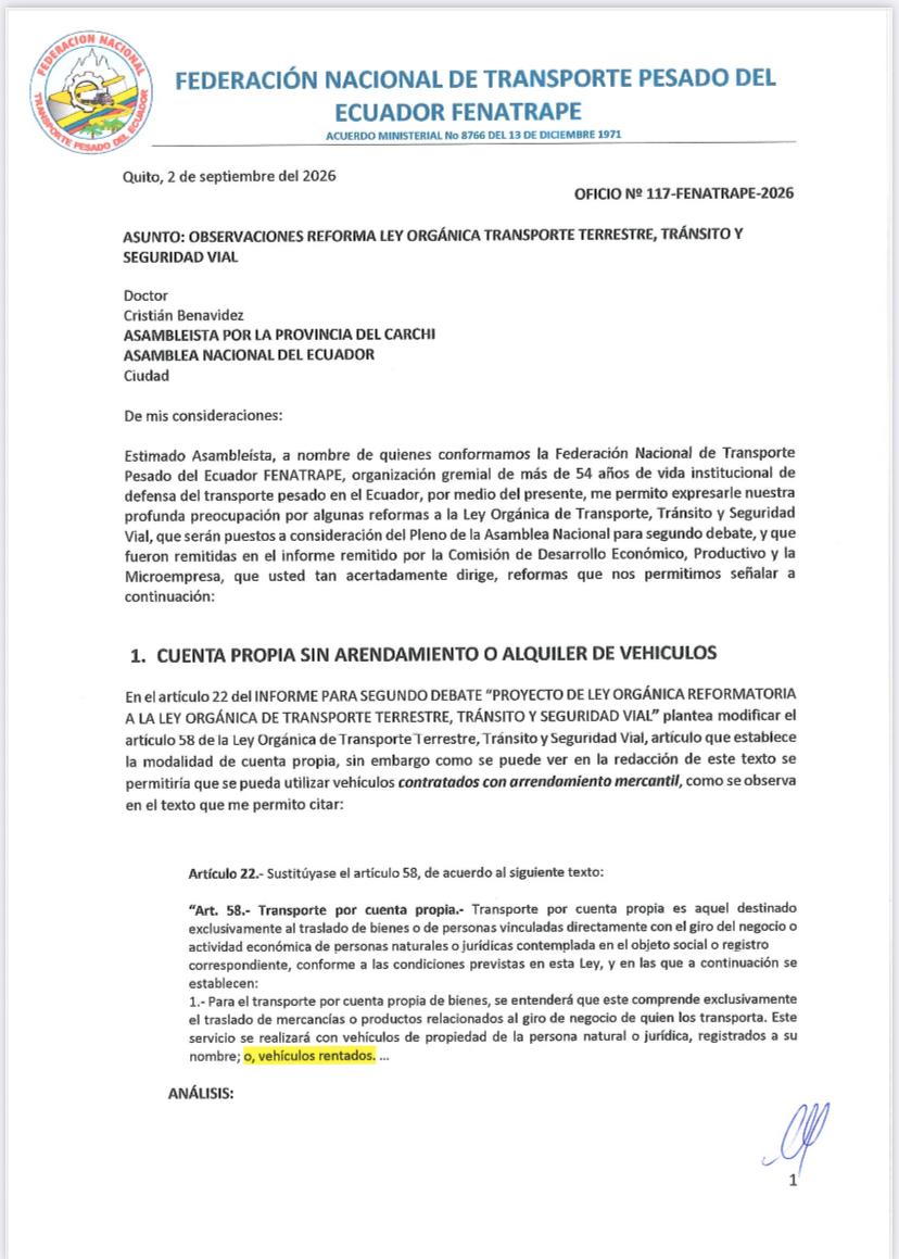 FENATRAPE envio a la Asamblea Nacional, observaciones a la reforma a la Ley de Transito